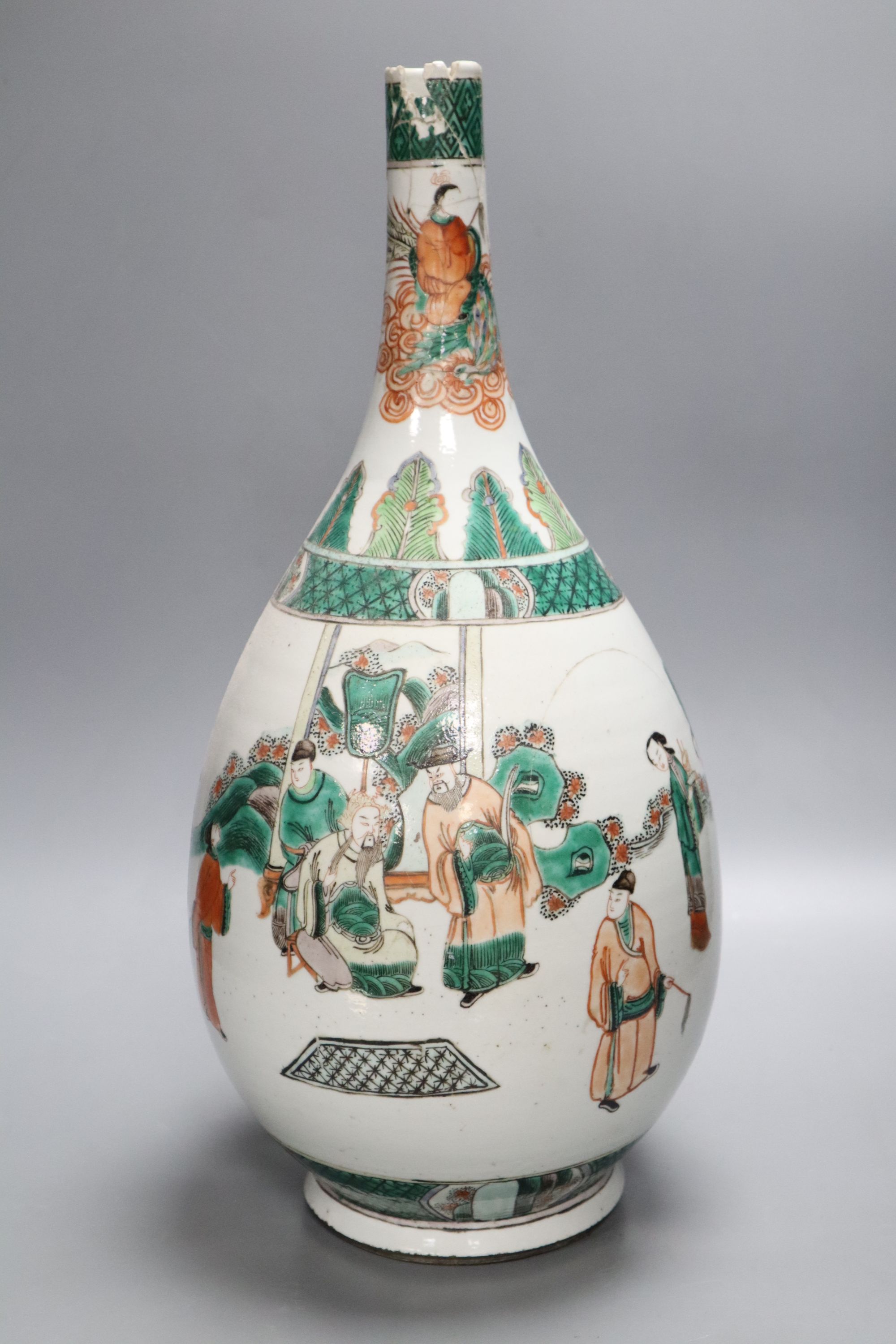 A 19th century Chinese famille rose basin and famille verte bottle vase, tallest 47cm, damage